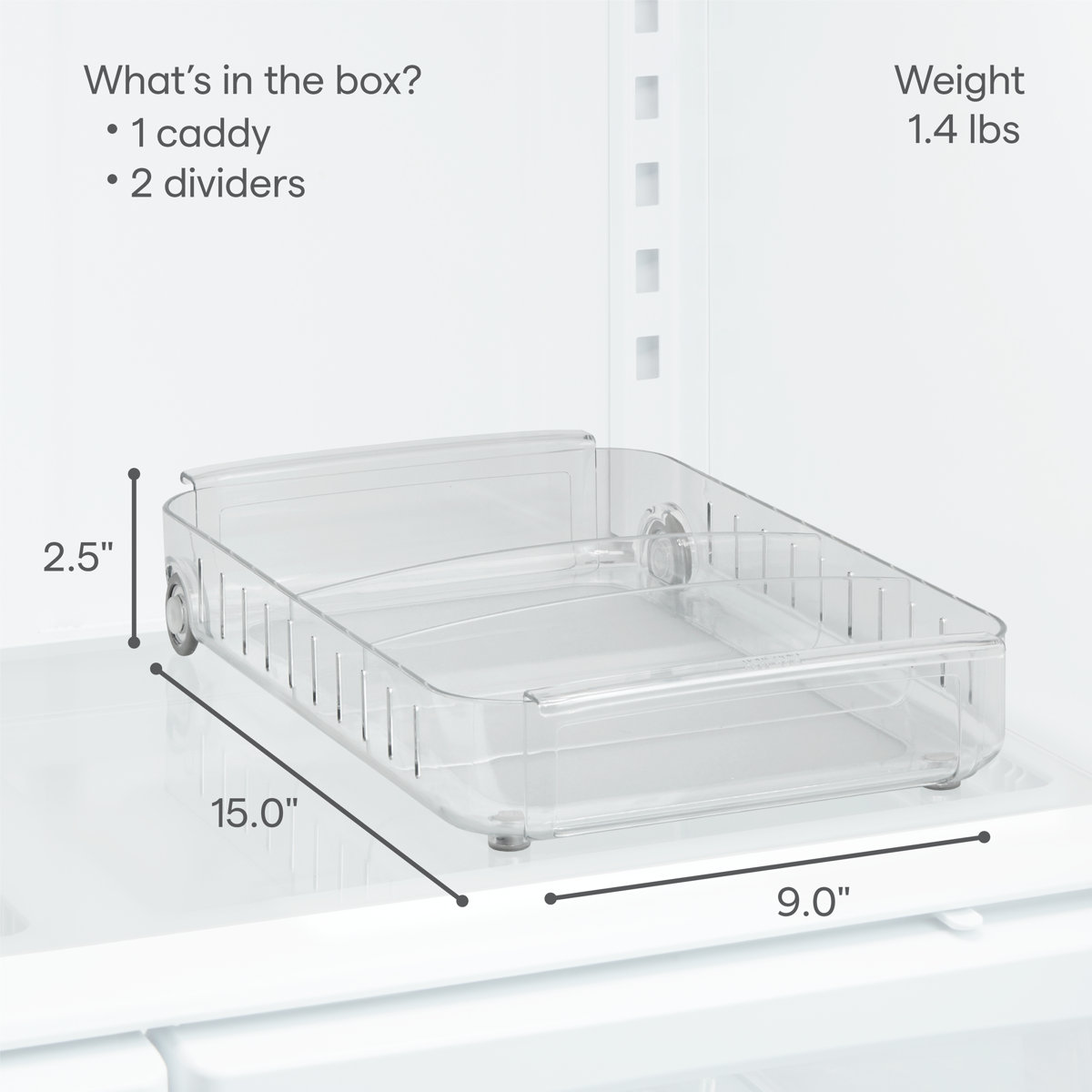 YouCopia® RollOut® Fridge Caddy, 9” x 15”, Rolling Fridge Organizer with Adjustable Dividers